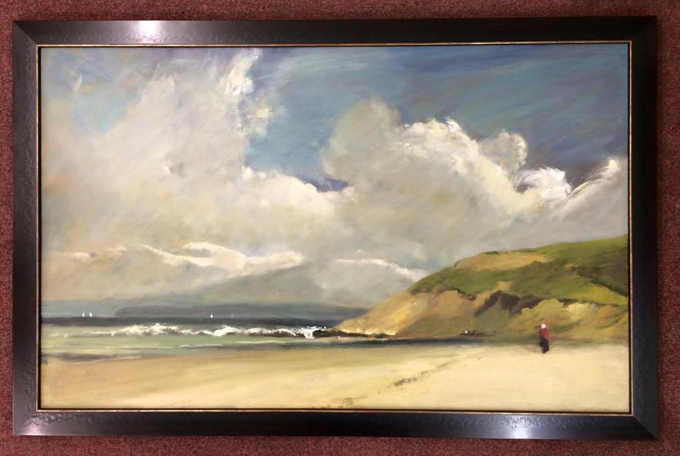 Beachside oil painting in a classic black frame with a gold trim