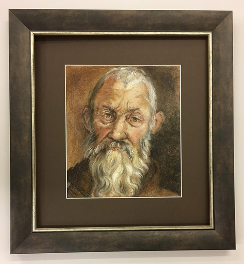 Painting of an old man in a grey smokey frame